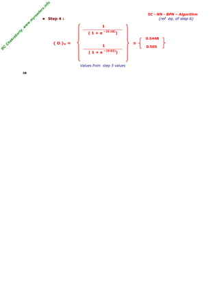 R
C
C
h
a
k
r
a
b
o
r
t
y
,
w
w
w
.
m
y
r
e
a
d
e
r
s
.
i
n
f
o
SC - NN - BPN – Algorithm
■ Step 4 : (ref eq. of step 6)
Values from step 3 values
28
1
( 1 + e
- (0.18)
)
1
( 1 + e - (0.02)
)
{ O }H =
0.5448
0.505
=
 