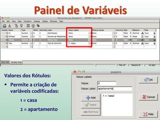Painel de Variáveis
Valores dos Rótulos:
 Permite a criação de
variáveis codificadas:
1 = casa
2 = apartamento
 
