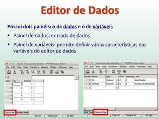 Editor de Dados
Possui dois painéis: o de dados e o de variáveis
 Painel de dados: entrada de dados
 Painel de variáveis: permite definir várias características das
variáveis do editor de dados
 