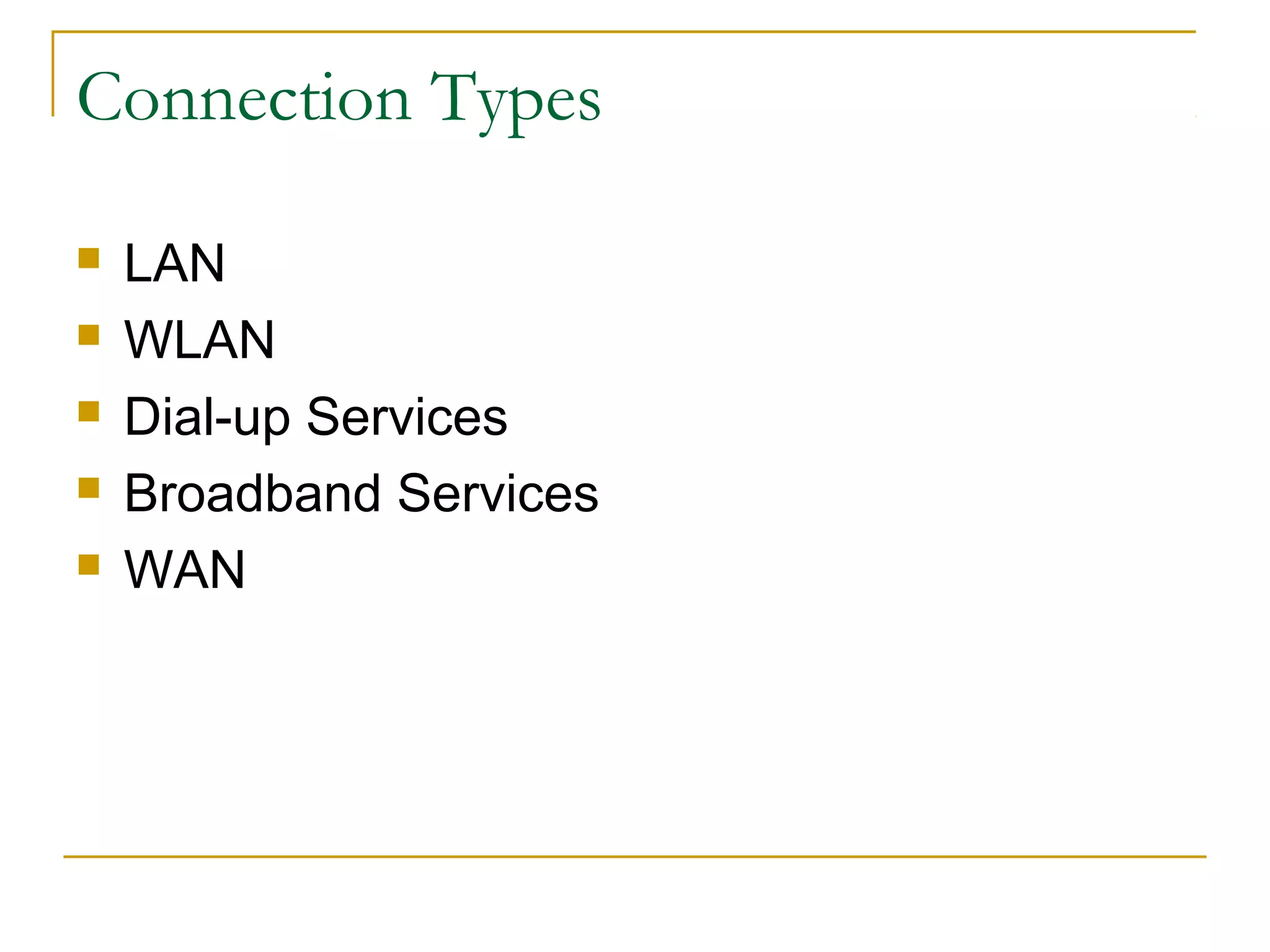 Connection Types






LAN
WLAN
Dial-up Services
Broadband Services
WAN

 