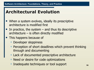 Architectural Evolution When a system evolves, ideally its prescriptive architecture is modified first In practice, the system – and thus its descriptive architecture – is often directly modified  This happens because of Developer sloppiness Perception of short deadlines which prevent thinking through and documenting  Lack of documented prescriptive architecture Need or desire for code optimizations Inadequate techniques or tool support 