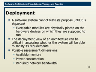 Deployment A software system cannot fulfill its purpose until it is  deployed Executable modules are physically placed on the hardware devices on which they are supposed to run  The deployment view of an architecture can be critical in assessing whether the system will be able to satisfy its requirements Possible assessment dimensions Available memory Power consumption Required network bandwidth 