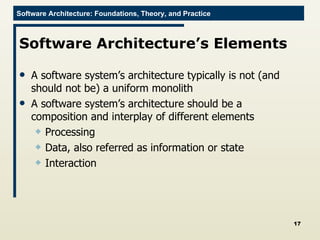 Software Architecture’s Elements A software system’s architecture typically is not (and should not be) a uniform monolith A software system’s architecture should be a composition and interplay of different elements Processing  Data, also referred as information or state Interaction 