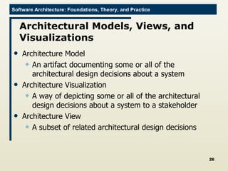 Architectural Models, Views, and Visualizations Architecture Model An artifact documenting some or all of the architectural design decisions about a system Architecture Visualization A way of depicting some or all of the architectural design decisions about a system to a stakeholder Architecture View A subset of related architectural design decisions 