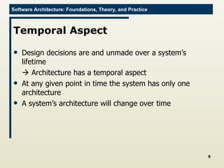 Temporal Aspect Design decisions are and unmade over a system’s lifetime    Architecture has a temporal aspect At any given point in time the system has only one architecture A system’s architecture will change over time 