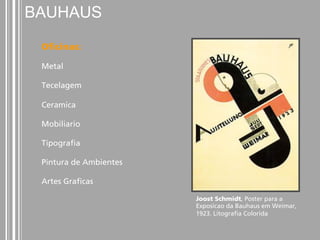 BAUHAUS 
Oficinas: 
Metal 
Tecelagem 
Ceramica 
Mobiliario 
Tipografia 
Pintura de Ambientes 
Artes Graficas 
Joost Schmidt, Poster para a 
Exposicao da Bauhaus em Weimar, 
1923. Litografia Colorida 
 