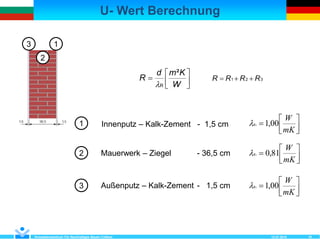U- Wert Berechnung
12.07.2018Kompetenzzentrum Für Nachhaltiges Bauen Cottbus 10
321 RRRR 




W
Kmd
R
²
R
1
2
3
1
2
3
Innenputz – Kalk-Zement - 1,5 cm
Mauerwerk – Ziegel - 36,5 cm
Außenputz – Kalk-Zement - 1,5 cm




mK
W
00,11R




mK
W
81,01R




mK
W
00,11R
 