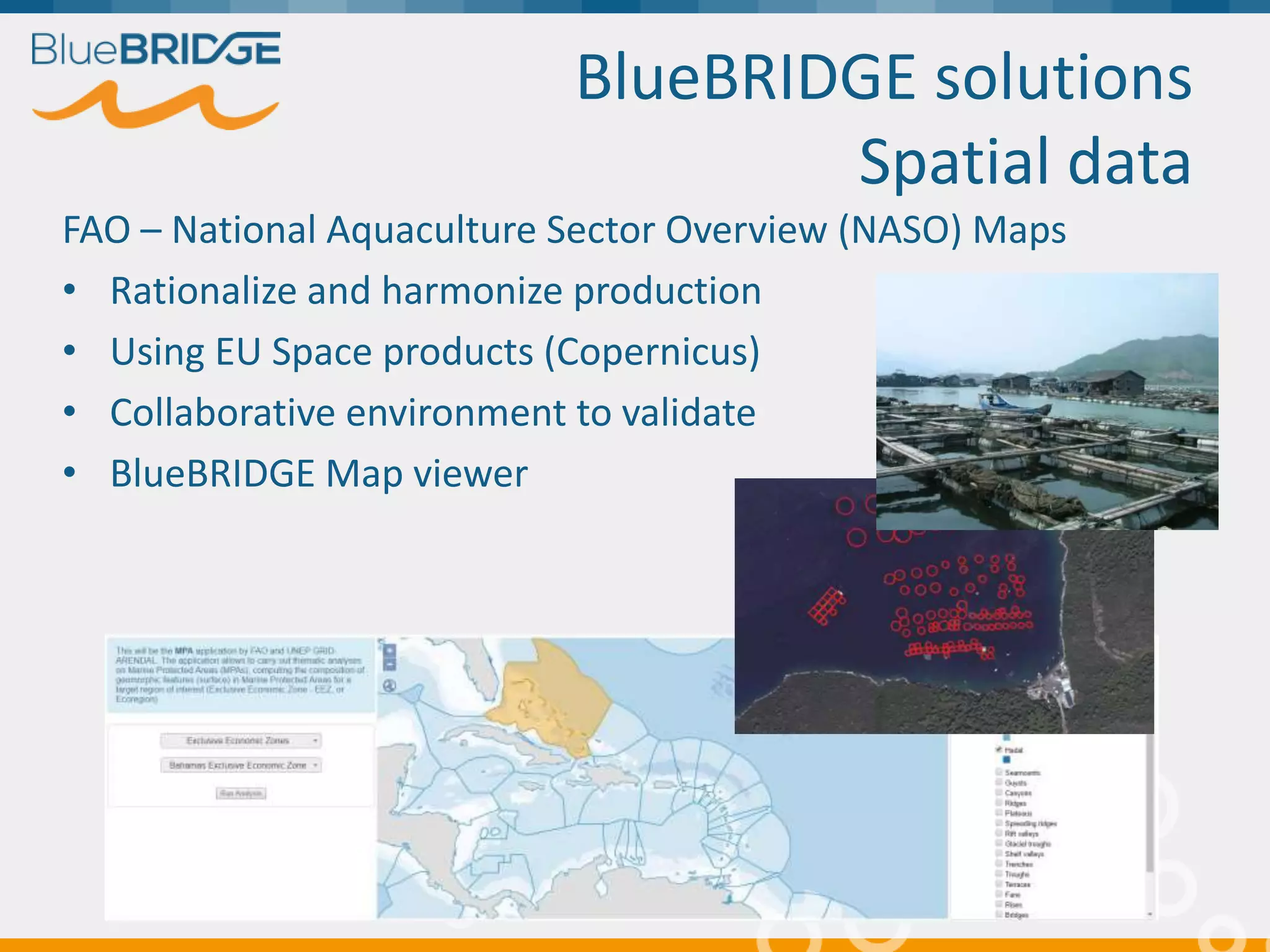BlueBRIDGE solutions
Spatial data
FAO – National Aquaculture Sector Overview (NASO) Maps
• Rationalize and harmonize production
• Using EU Space products (Copernicus)
• Collaborative environment to validate
• BlueBRIDGE Map viewer
BlueBRIDGE workshop, 11 January 2017, Brussels, Belgium