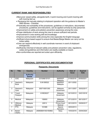 Sunil Raj Ramudoo CV
CURRENT RANK AND RESPONSIBILITIES
Manuover vessel safety, alongside berth, 4 point mooring and 2 point mooring with
soft mooring tied up.
 Reviewing the manuals relating to shipboard operation with the guidance to Master’s
SMS Review - Checklist.
Practicality and workability of the procedures, guidelines or instructions, documented
procedures, guidelines and instructions, can be applied correctly by ship personnel.
Improvement on safety and pollution prevention awareness among the crew.
Proper distribution of work among the crew to ensure sufficient rest periods.
Improvement in crew working skill and knowledge.
Improve communication skills among the crew especially the English language
Sufficient shore based support to ensure that Master/Barge Master can carry out his
duties safely.
Crew can respond effectively in well coordinate manners in event of shipboard
emergencies.
Sufficiently informed of relevant safety and pollution prevention rules, regulations,
codes and guidelines and information are readily available on board.
Non-conformities are reported and acted upon efficiently.
PERSONAL CERTIFICATES AND DOCUMENTATION
Passports / Documents
No Title Country Number Authority Date of
Issue
Expired
Date
Authority
Details
1 COC Malaysian 23104661D101 MARDEP
Malaysia
21/09/2016 20/09/2021
2 Seaman's
Book
Malaysian S.M 008522 MARDEP
Malaysia
20/11/2002
3 Seaman's
Card
Malaysian 200710001350 Malaysia
Goverment
20/11/2007 25/02/2017
4 Travel
Passport
Malaysian A18639227 Malaysia
Goverment
02/10/2012 24/01/2018
5 Medical Malaysian 156693 Malaysia
Goverment
07/12/2015 06/12/2017
6 Offshore
Medical
Malaysia 22613 Prince Court
Medical
29/12/2015 29/06/2017
7 PTS Malaysia 161886 Sapura
Kencana
30/03/2013
8 Bosiet
(Opito)
Malaysia 290858081403160862 Sequ 14/03/2016 25/04/2020
 