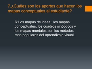 7.¿Cuáles son los aportes que hacen los
mapas conceptuales al estudiante?
R:Los mapas de ideas , los mapas
conceptuales, los cuadros sinópticos y
los mapas mentales son los métodos
mas populares del aprendizaje visual.
 