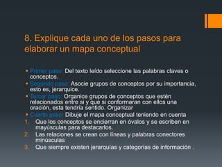 8. Explique cada uno de los pasos para
elaborar un mapa conceptual
 Primer paso: Del texto leído seleccione las palabras claves o
conceptos.
 Segundo paso: Asocie grupos de conceptos por su importancia,
esto es, jerarquice.
 Tercer paso: Organice grupos de conceptos que estén
relacionados entre si y que si conformaran con ellos una
oración, esta tendría sentido. Organizar
 Cuarto paso: Dibuje el mapa conceptual teniendo en cuenta
1. Que los conceptos se encierran en óvalos y se escriben en
mayúsculas para destacarlos.
2. Las relaciones se crean con líneas y palabras conectores
minúsculas
3. Que siempre existen jerarquías y categorías de información .
 