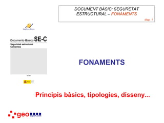 DOCUMENT BÀSIC: SEGURETAT
              ESTRUCTURAL – FONAMENTS
                                         diap. 1




               FONAMENTS



Principis bàsics, tipologies, disseny...
 