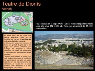 Fou construït en el segle IV aC. i va ser remodelat posteriorment
entre els anys 342 i 326 aC. Tenia un aforament de 17. 000
espectadors.
El teatre tenia per als grecs una
funció educativa. Veien en la
tragèdia una manera de purificar-se
dels seus defectes humans.
A Atenes, en un primer moment, el
teatre era gratuït; després es va fer
pagar una entrada simbòlica per
sufragar les despeses i l’estat
destinava uns diners del pressupost
a pagar l’entrada als ciutadans sense
recursos.
Tothom podia assistir al teatre, tret
dels esclaus; tanmateix, la presència
de les dones no era gaire ben vista,
sobretot en les representacions de
comèdies, a causa de la seva
temàtica més descarada i el seu
llenguatge al·lusiu i obscè.
Teatre de Dionís
Atenes
)
 