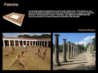 Palestra
Palestra d'Olímpia
La paraula palestra (palaistra) prové de palh (pale) lluita'. Consisteix en una
arena quadrada envoltada d'un pòrtic que desemboca a un seguit de sales de
descans, d'entrenament, banys i vestidors. Les sales de conferències fan
veure que també s'hi desenvolupaven activitats intel·lectuals.
 