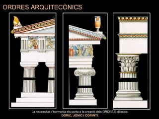 ORDRES ARQUITECÒNICS
La necessitat d’harmonia els porta a la creació dels ORDRES clàssics:
DÒRIC, JÒNIC i CORINTI.
 