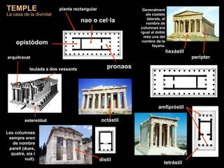 pronaos
opistòdom
nao o cel·la
Les columnes
sempre eren
de nombre
parell (dues,
quatre, sis i
vuit).
Generalment
als costats
laterals, el
nombre de
columnes era
igual al doble
més una del
nombre de la
façana.
perípter
teulada a dos vessants
hexàstil
tetràstil
octàstil
dístil
amfipròstil
arquitravat
estereòbat
TEMPLE
La casa de la divinitat
planta rectangular
 