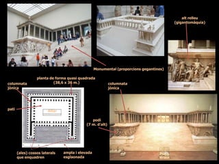 planta de forma quasi quadrada
(38,6 x 36 m.)columnata
jònica
Altar
(ales) cossos laterals
que enquadren
ampla i elevada
esglaonada
Monumental (proporcions gegantines)
alt relleu
(gigantomàquia)
columnata
jònica
pati
podi
(7 m. d’alt)
 