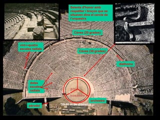 orchestra
Càvea (30 grades)
pàrodoi
dotze
escales
radials
vint-i-quatre
escales radials
diathoma
icosàedre
2/3
Seients d'honor amb
respatller i braços que se
situaven dins el cercle de
l'orquestra
20,30 m de diàmetre
Càvea (20 grades)
 