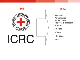 Pendirian
Perhimpunan-
perhimpunan
Nasional di berbagai
negara :
• Belgia
• Swiss
• Belanda
• dll
1863 1864
 