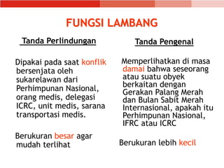 FUNGSI LAMBANG
Tanda Perlindungan
Dipakai pada saat konflik
bersenjata oleh
sukarelawan dari
Perhimpunan Nasional,
orang medis, delegasi
ICRC, unit medis, sarana
transportasi medis.
Berukuran besar agar
mudah terlihat
Tanda Pengenal
Memperlihatkan di masa
damai bahwa seseorang
atau suatu obyek
berkaitan dengan
Gerakan Palang Merah
dan Bulan Sabit Merah
Internasional, apakah itu
Perhimpunan Nasional,
IFRC atau ICRC
Berukuran lebih kecil
 