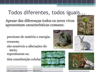 Todos diferentes, todos iguais... Apesar das diferenças todos os seres vivos apresentam características comuns: precisam de matéria e energia; têm constituição celular. crescem; são sensíveis a alterações do meio; reproduzem-se; Prof. Teresa Condeixa Monteiro 2009/2010 