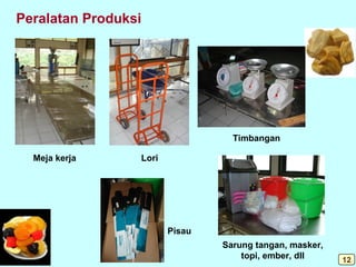 Peralatan Produksi
Meja kerja Lori
Pisau
Timbangan
Sarung tangan, masker,
topi, ember, dll 12
 