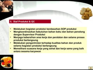 • Melakukan kegiatan produksi berdasarkan SOP produksi
• Mengkoordinasikan kebutuhan bahan baku dan bahan penolong
dengan Supervisor Produksi
• Menjaga kebersihan area kerja dan peralatan dan selama proses
produksi berlangsung
• Melakukan pengontrolan terhadap kualitas bahan dan produk
selama kegiatan produksi berlangsung
• Memelihara suasana kerja yang sehat dan kerja sama yang baik
antara sesama karyawan
5. Staf Produksi & QC
39
 