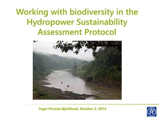 Working with biodiversity in the 
Hydropower Sustainability 
Assessment Protocol 
Inger Poveda Björklund, October 2, 2014 
 