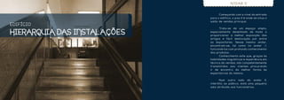 ANDAR O


                               	     Começando com o nível da entrada
                               para o edifício, o piso 0 é onde se situa o
                               salão de vendas principal.
E DI F Í CIO
                               	      Trata-se de um espaço amplo,

HIERARQUIA DAS INSTAL AÇÕE S   especialmente desenhado de modo a
                               proporcionar a melhor exposição dos
                               artigos e fácil deslocação por entre
                               os expositores. Nesse mesmo andar,
                               encontram-se, tal como no andar -1,
                               funcionários com profundo conhecimento
                               dos produtos.
                               	      Conhecimento este que, graças às
                               habilidades linguísticas e experiência em
                               técnica de vendas, são competentemente
                               transmitidos aos clientes procurando
                               ir de encontro da melhor forma às
                               expectativas do mesmo.

                               	     Num outro lado do andar 0,
                               interdito ao público, está uma pequena
                               sala atribuída aos funcionários.
 