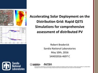 Sandia National Laboratories is a multi-program laboratory managed and operated by Sandia Corporation, a wholly owned subsidiary of Lockheed Martin
Corporation, for the U.S. Department of Energy’s National Nuclear Security Administration under contract DE-AC04-94AL85000.
Accelerating Solar Deployment on the
Distribution Grid: Rapid QSTS
Simulations for comprehensive
assessment of distributed PV
Robert Broderick
Sandia National Laboratories
May 10th, 2016
SAND2016-4697 C
 