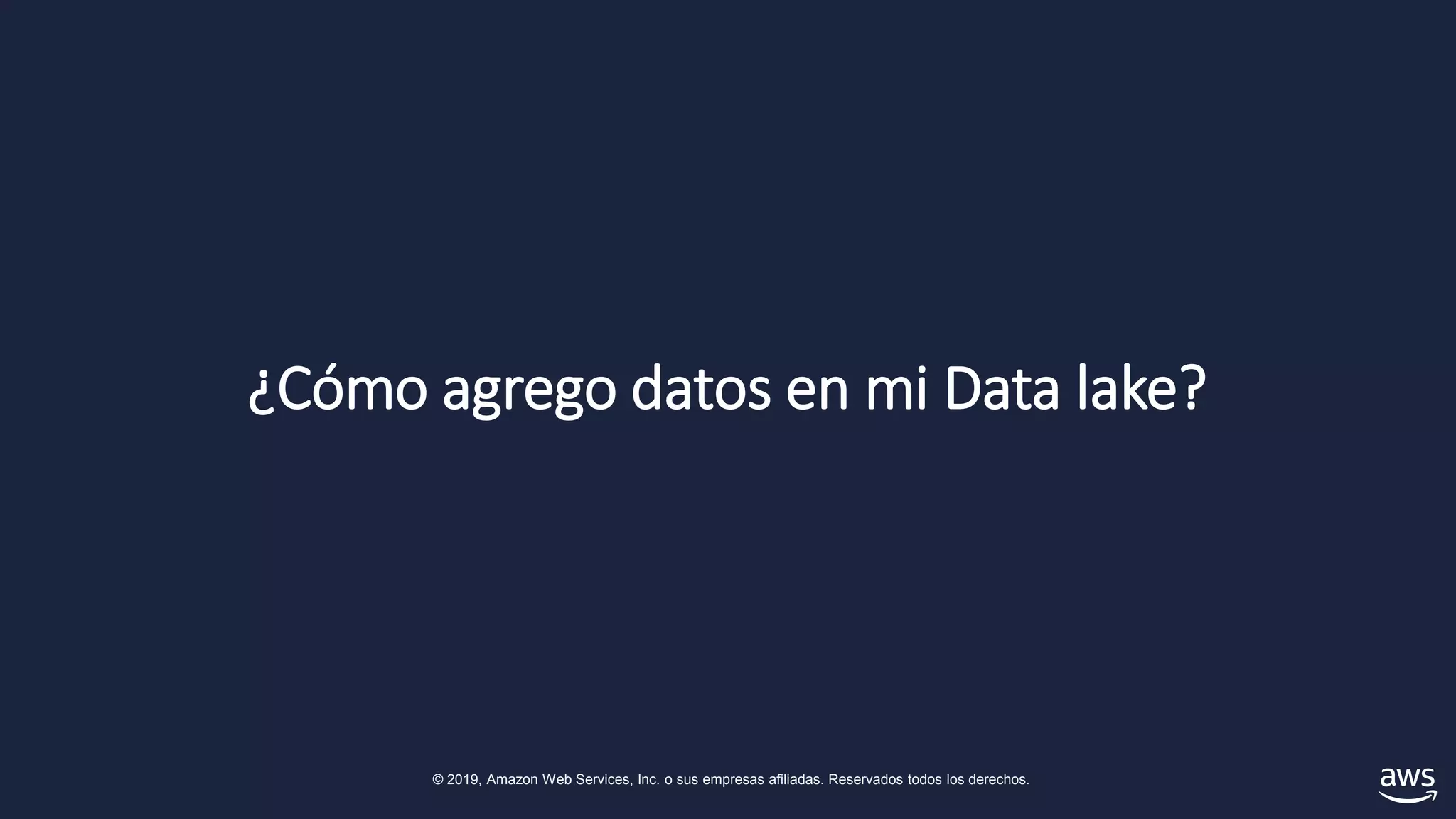 © 2019, Amazon Web Services, Inc. o sus empresas afiliadas. Reservados todos los derechos.
¿Cómo agrego datos en mi Data lake?
 