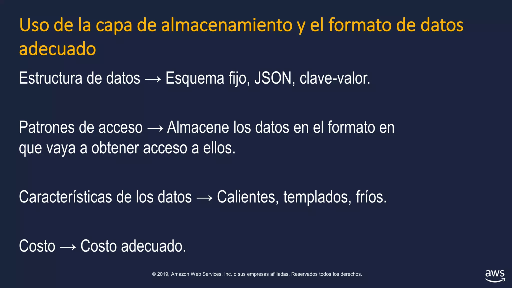 © 2019, Amazon Web Services, Inc. o sus empresas afiliadas. Reservados todos los derechos.
Uso de la capa de almacenamiento y el formato de datos
adecuado
Estructura de datos → Esquema fijo, JSON, clave-valor.
Patrones de acceso → Almacene los datos en el formato en
que vaya a obtener acceso a ellos.
Características de los datos → Calientes, templados, fríos.
Costo → Costo adecuado.
 
