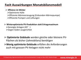 www.minergie.ch
Effizienz im Winter
Optimierte Hülle
Effiziente Wärmeerzeugung (Erdsonden‐Wärmepumpe)
Effiziente Pumpen und Lüftungen
Fazit Auswirkungen Monatsbilanzmodell
PV‐Bewertung, Eigenstromverbrauch und Anrechenbarkeit| Energie am Bau 2015| Bastian Burger
Winteroptimierte PV‐Produktion statt Ertragsmaximum
Geneigte Anlagen (45°)
Gegen Süden ausgerichtet
Optimierte Gebäude werden gleiche oder kleinere PV‐
Flächen als bisher (Jahresbilanz) benötigen
Wenig optimierte Gebäude erfüllen die Anforderungen 
auch mit grossen PV‐Anlagen nicht mehr
 