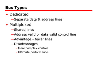 Bus Types Dedicated Separate data & address lines Multiplexed Shared lines Address valid or data valid control line Advantage - fewer lines Disadvantages More complex control Ultimate performance 