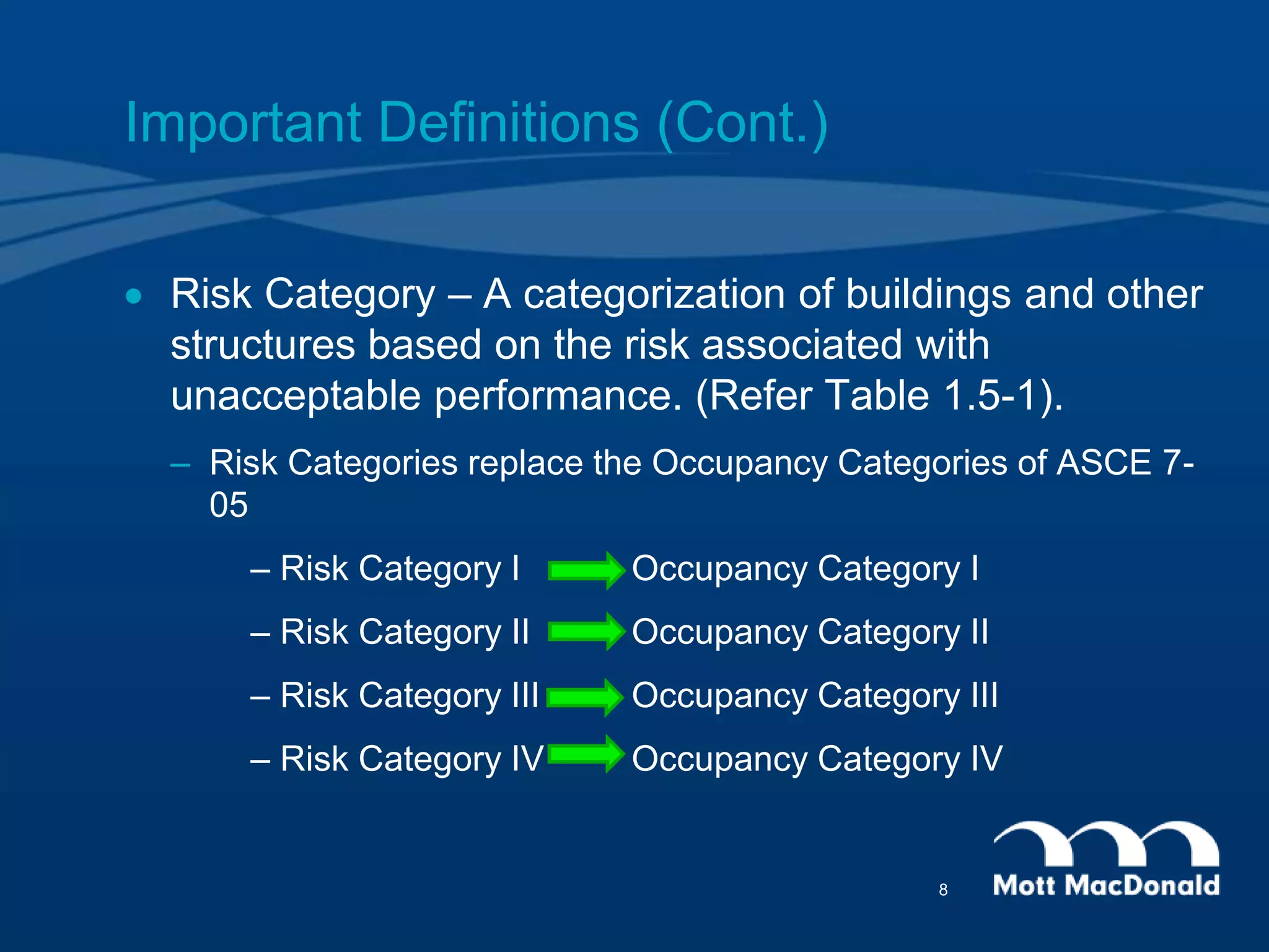  Risk Category – A categorization of buildings and other
structures based on the risk associated with
unacceptable performance. (Refer Table 1.5-1).
– Risk Categories replace the Occupancy Categories of ASCE 7-
05
– Risk Category I Occupancy Category I
– Risk Category II Occupancy Category II
– Risk Category III Occupancy Category III
– Risk Category IV Occupancy Category IV
Important Definitions (Cont.)
8
 