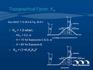 Topographical Factor, Kzt
 Kzt = 1.0 when:
– H/Lh < 0.2, or
– H < 15' for Exposures C & D, or
– H < 60' for Exposure B.
 Kzt = (1+K1K2K3)2
See ASCE 7-10 26.8 & Fig. 26.8-1
19
 