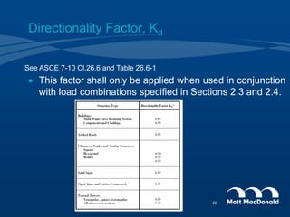 Directionality Factor, Kd
 This factor shall only be applied when used in conjunction
with load combinations specified in Sections 2.3 and 2.4.
See ASCE 7-10 Cl.26.6 and Table 26.6-1
22
 