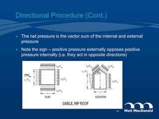 Directional Procedure (Cont.)
 The net pressure is the vector sum of the internal and external
pressure
 Note the sign – positive pressure externally opposes positive
pressure internally (i.e. they act in opposite directions)
33
 
