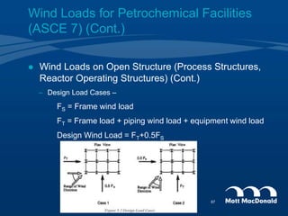  Wind Loads on Open Structure (Process Structures,
Reactor Operating Structures) (Cont.)
– Design Load Cases –
FS = Frame wind load
FT = Frame load + piping wind load + equipment wind load
Design Wind Load = FT+0.5FS
Wind Loads for Petrochemical Facilities
(ASCE 7) (Cont.)
67
 