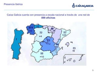 Presencia Ibérica Caixa Galicia cuenta con presencia a escala nacional a través de  una red de  899 oficinas 