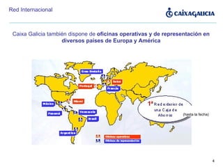 Red Internacional Caixa Galicia también dispone de  oficinas operativas y de representación en diversos países de Europa y América (hasta la fecha) 