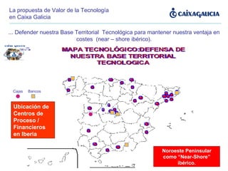 ... Defender nuestra Base Territorial  Tecnológica para mantener nuestra ventaja en costes  (near – shore ibérico). Ubicación de Centros de Proceso / Financieros en Iberia  Noroeste Peninsular como “Near-Shore” ibérico. La propuesta de Valor de la Tecnología en Caixa Galicia Cajas  Bancos 