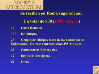 Se reciben en Roma sugerencias.  Un total de 938 ( 1092 obispos ) 16 Curia Romana 797 De Obispos 23  Grupos de Obispos fuera de las Conferencias  Episcopales.  Quienes representaban 295  Obispos. 28  Conferencias Episcopales  12 Institutos Teológicos 62 Otros 