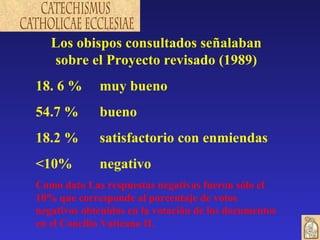 Los obispos consultados señalaban sobre el Proyecto revisado (1989) 18. 6 %  muy bueno 54.7 %  bueno 18.2 % satisfactorio con enmiendas < 10% negativo Como dato  Las respuestas negativas fueron sólo el 10% que corresponde al porcentaje de votos negativos obtenidos en la votación de los documentos en el Concilio Vaticano II. 