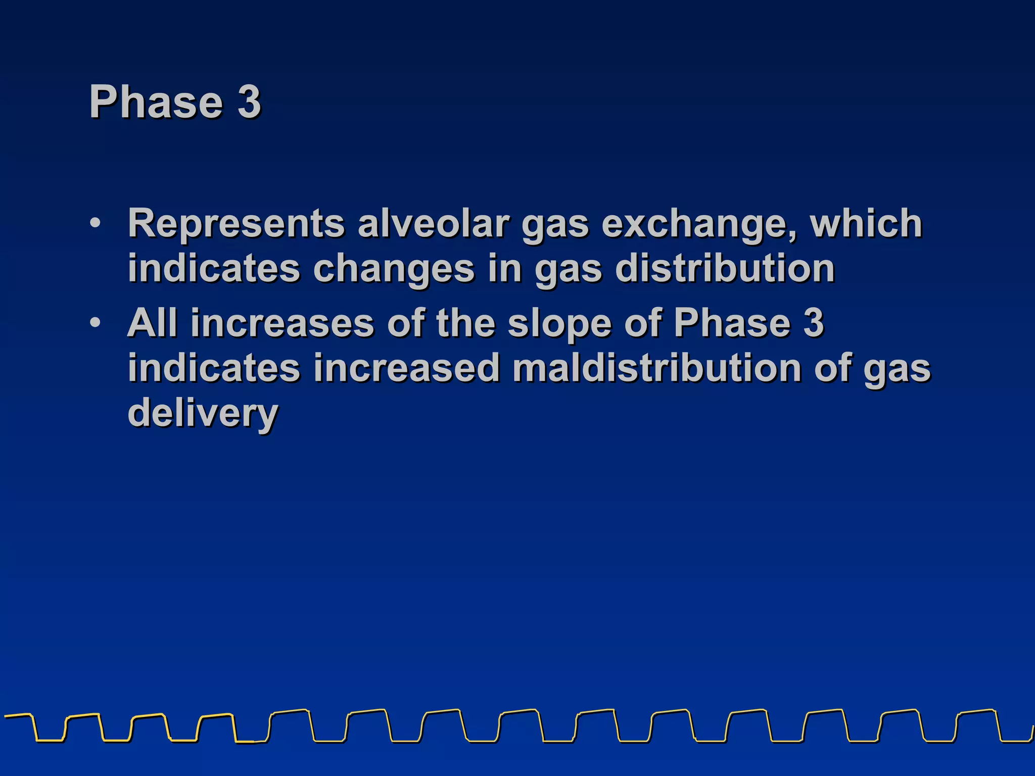 Phase 3 Represents alveolar gas exchange, which indicates changes in gas distribution All increases of the slope of Phase 3 indicates increased maldistribution of gas delivery 