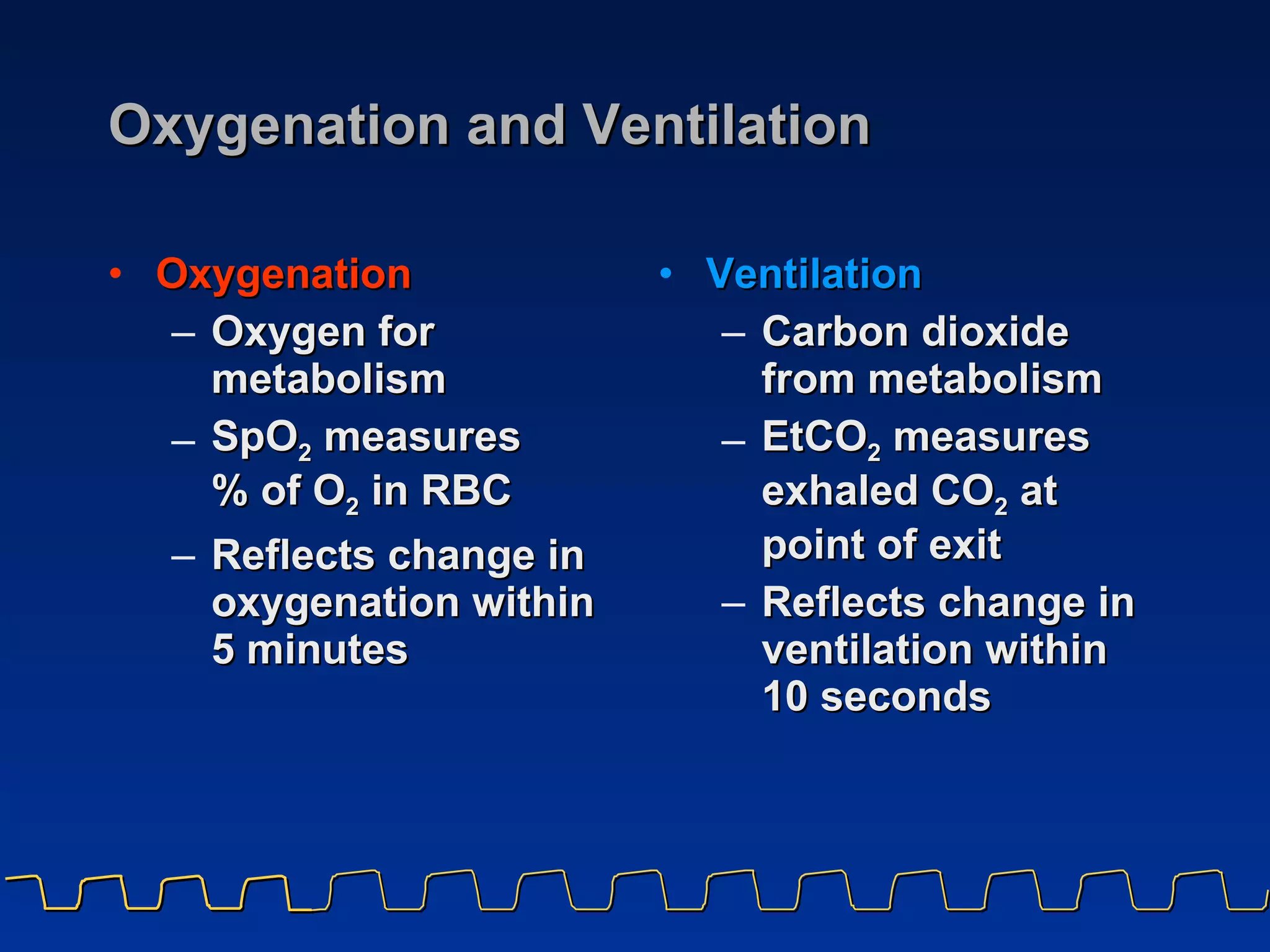 Oxygenation and Ventilation Oxygenation Oxygen for metabolism SpO 2  measures  % of O 2  in RBC Reflects change in oxygenation within  5 minutes Ventilation Carbon dioxide  from metabolism EtCO 2  measures exhaled CO 2  at  point of exit Reflects change in ventilation within  10 seconds 