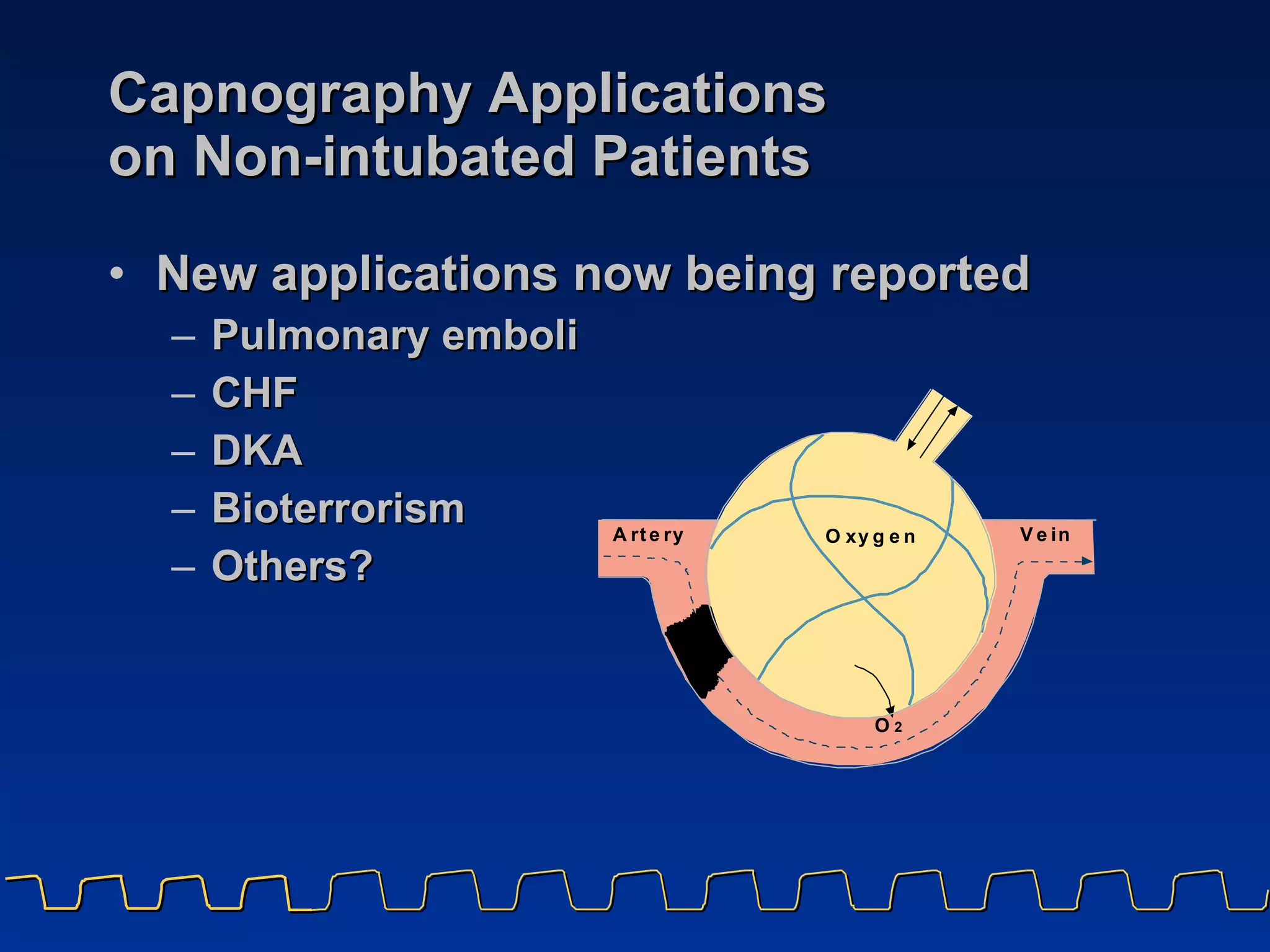 Capnography Applications on Non-intubated Patients New applications now being reported Pulmonary emboli CHF DKA Bioterrorism Others?  r r O x y g e n O 2 V e i n A t e y 