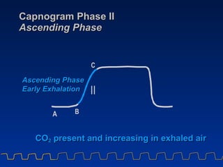 Capnogram Phase II Ascending Phase CO 2  present and increasing in exhaled air II A B C Ascending Phase Early Exhalation 