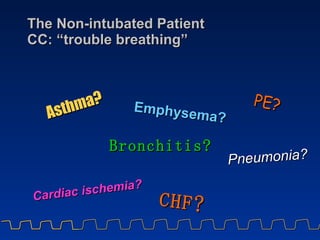 The Non-intubated Patient  CC: “trouble breathing” Asthma? Emphysema? Pneumonia? Bronchitis? CHF? PE? Cardiac ischemia? 