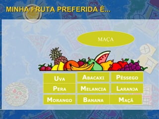 MINHA FRUTA PREFERIDA É... M ORANGO A BACAXI P ÊSSEGO L ARANJA B ANANA P ERA M ELANCIA M AÇÃ U VA MAÇA 